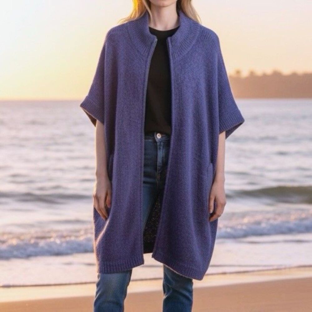 ELK Parla Poncho Full Zip Jumper Sweater Purple Short Sleeve One Size $299